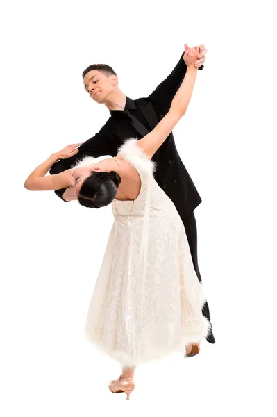 Danse de salon couple dans une pose de danse isolé sur blanc — Photo