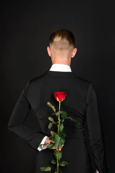 Man Red Rose Achter Verbergen Achteraanzicht Ballroom Danser Met Bloem — Stockfoto