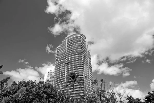 Miami, high residential buildings, hotel or houses in south beach sunny summer outdoor green grass, palm trees and cloudy blue sky. modern architecture in megalopolis. business, tourism and wanderlust