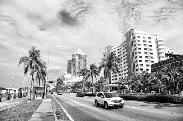 美国迈阿密 2016 沿着海岸与现代建筑的城市道路上行驶的汽车 绿色的棕榈树和铺的长廊上多云天空背景 暑假里 Colins 驱动器 — 图库照片