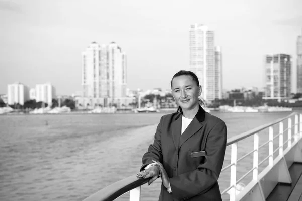 Business Woman Happy Cute Girl Smiling Face Grey Jacket Has — Stock Photo, Image