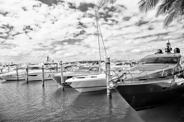 Luksusowe Jachty Zadokowany Porcie Zatoce Słoneczny Dzień Chmur Niebie Miami — Zdjęcie stockowe