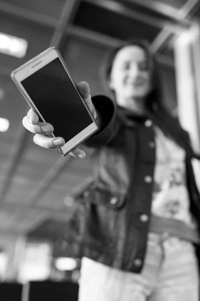 Smartphone Mobile Cell Phone Modern Device Hand Blurred Girl Woman — Stock Photo, Image