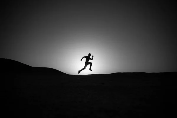 Runner Silhouette Running Man Sunset Fiery Sky Background Mountain Sport — Stock Photo, Image