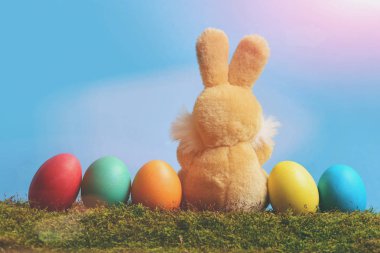 tavşan oyuncak, boyalı Paskalya yumurtaları yeşil yosun, mavi gökyüzü üzerinde