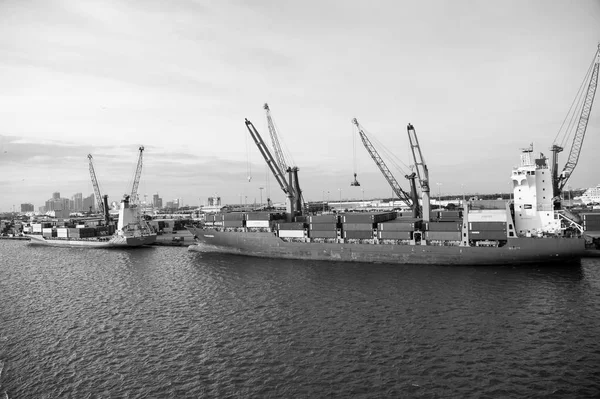 Cargo hajó Miami kikötő daru, tengerre néző. — Stock Fotó