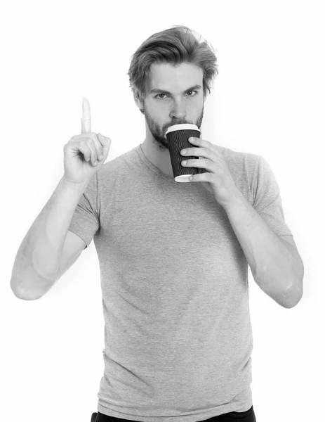 Joven con la taza de comida para llevar beber café o té, idea —  Fotos de Stock