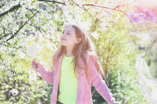 사탕을 들고 공원을 거닐고 있는 소녀는 꽃이 핀 배경 위를 걸어 다닌다 — 스톡 사진