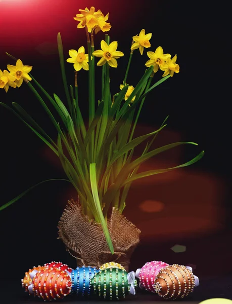 Яйца украшены яркими цветовыми нитями и бусинами с нарциссами — стоковое фото