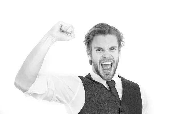 Hombre barbudo exitoso o caballero feliz en chaleco y corbata — Foto de Stock