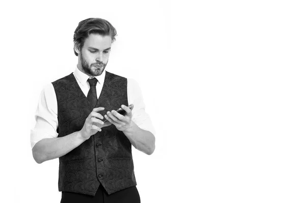 Empresario con teléfono en traje aislado sobre fondo blanco . — Foto de Stock