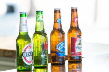 Büyük üzengi cay, Bahamalar - 08 Ocak 2016: bira bar sayaç üzerinde cam şişelerde. Alkol, kötü alışkanlıkları. Ferahlık, içki, içecek. Bira partisi, kutlama