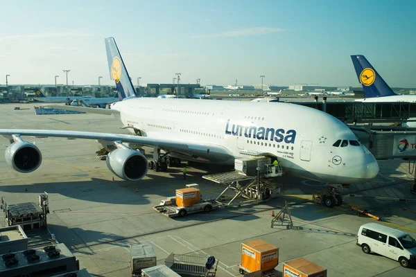 Frankfurt am Main, Germany - October 11, 2015: Lufthansa airbus, jet airliner, aircraft or large passenger plane in airport. Travelling by air. Aviation and transport. Vacation, wanderlust, journey — Stock Photo, Image
