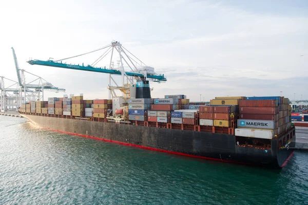 Miami, Usa - mars 18, 2016: levereras med lastcontainrar och kran i hamnen. Maritima containerhamn, dock eller terminal. Leverans, frakt, logistik. Vattentransport, fartyg, transport — Stockfoto
