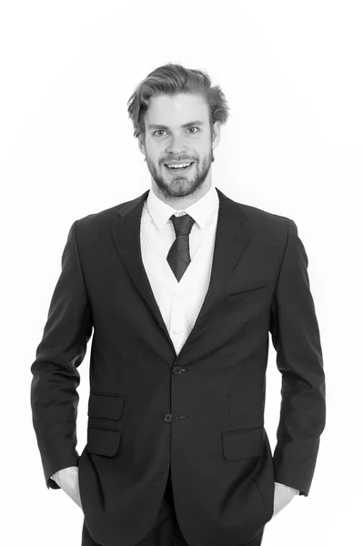 Podnikatel v černém formální oblečení s šťastný obličej — Stock fotografie