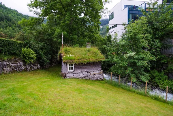 Eski ahşap ev çim çatı Geiranger, Norveç'te. Yaz manzara üzerinde geleneksel Norveç köy evi. Mimarlık, gelenek, tasarım. Tatil, Yolculuk tutkusu, gezi. Seyahat, keşif, yolculuk — Stok fotoğraf