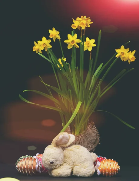 Jaja ozdobione jasnych nici kolor i koraliki z żonkile — Zdjęcie stockowe
