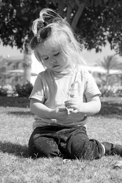 Niño pequeño con cara adorable en hierba verde —  Fotos de Stock
