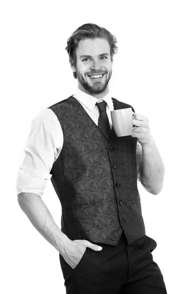 Homme d'affaires ou gentleman souriant boire du thé ou du café de tasse — Photo