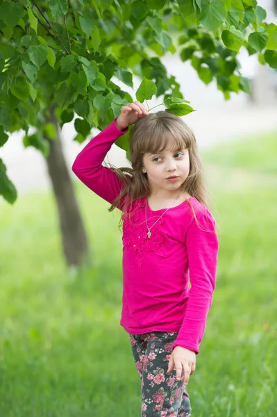 葉の緑の木の背景の女の子 — ストック写真