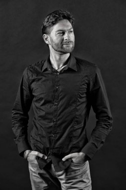 Erkek moda, stil ve eğilim. Adam poz moda gömlek ve kot pantolon, moda. Sakallı yüzü ve şık saç, saç kesimi adamı. Damat ve Saç Bakımı Güzellik salonları, berber, siyah ve beyaz