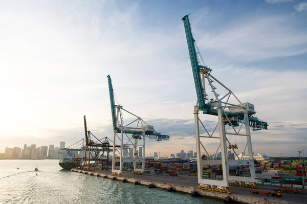 Miami, Amerika Birleşik Devletleri - Mart, 18, 2016: liman, terminal veya dock. Denizcilik konteyner bağlantı noktası ile kargo gemisi, Vinç. Nakliye, nakliye, teslimat, Lojistik, mal. Ticaret, ticaret, iş — Stok fotoğraf