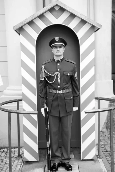 Guardia de castillo hombre en el puesto de servicio en Praga, República Checa — Foto de Stock