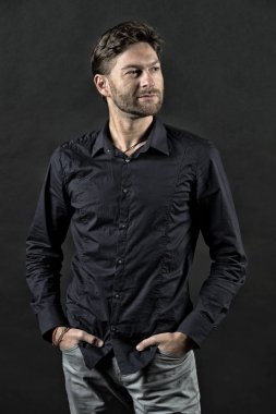 Sakallı yüzü ve şık saç, saç kesimi adamı. Adam poz moda gömlek ve kot pantolon, moda. Erkek moda, stil ve eğilim. Damat ve Saç Bakımı Güzellik salonları, berber, vintage