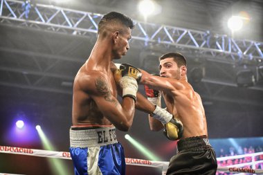 Kiev, Ukrayna - 16 Eylül 2017: Sparta boks Haritayı dahil altı sıralaması mücadele. Milli Güvenlik'Olimpiyskiy, Kiev, Ukrayna sıralaması için kavga sırasında halka tanımlanamayan bir boksörler