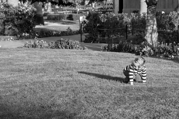 Niño Con Ropa Azul Jugar Día Soleado Niño Con Pelo —  Fotos de Stock