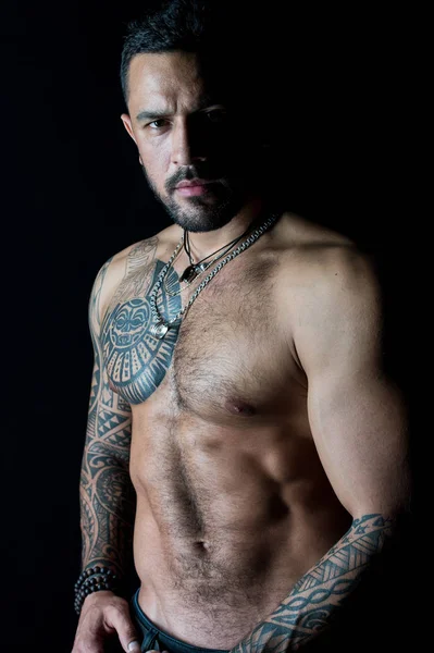 Fit Model Tattoo Art Skin Bearded Man Tattooed Chest Macho — Stock Photo, Image