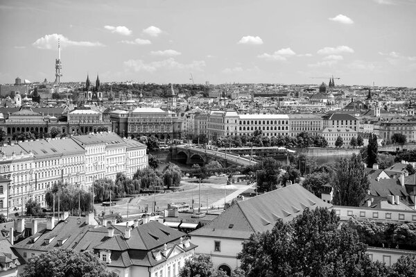 Prague, Chech Republic-June 03, 2017: aerial view of Prague panorama with blue sky