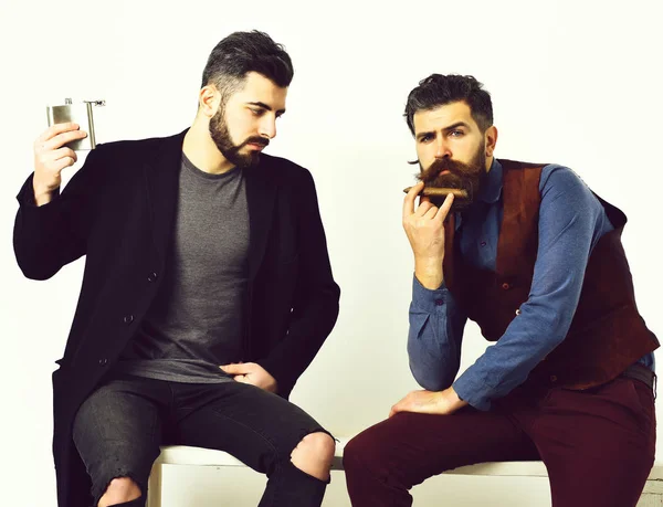 Two bearded mens, caucasian stylish hipsters with moustache — Stock Photo, Image