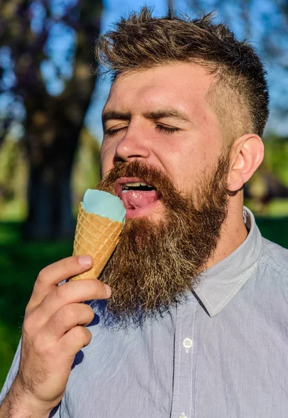 Konsep yang keren. Pria dengan jenggot dan kumis di wajah tenang makan es krim, latar belakang alam, defocused. Man dengan jenggot panjang dingin dengan es krim kerucut pada hari yang panas cerah, menutup — Stok Foto