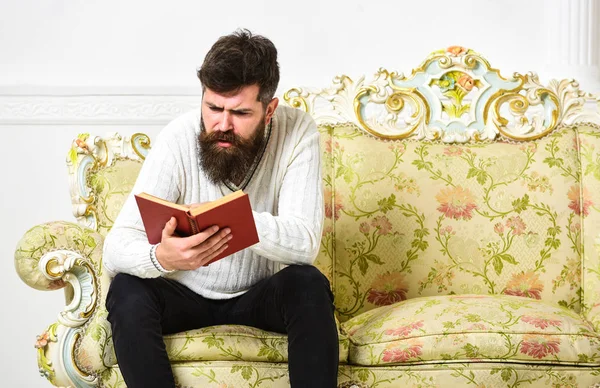 Macho on concentrated face reading book. Scandalous bestseller concept. Man with beard and mustache sits on baroque style sofa, holds book, white wall background. Guy reading book with attention — Stock Photo, Image