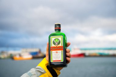 Reykjavik, İzlanda - 13 Ekim 2017: Jagermeister şişe deniz manzarası üzerinde elinde. Alkol içki otlar ve baharatlar bulutlu gökyüzü üzerinde. Kötü alışkanlıkları ve bağımlılığı. Sırasında açık içme rahatlayın ve keyfini çıkarın