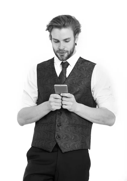 Guy presenting product of smartphone. — Stock Photo, Image