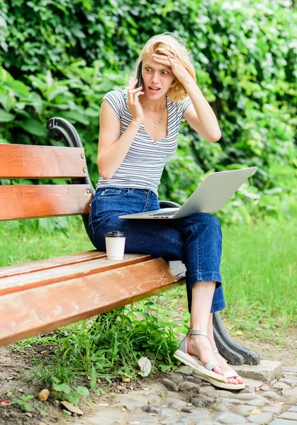 Notebook internet remote job. Work in park. Reasons why you should take your work outside. Power of nature calls. Girl work with laptop in park. Natural environment office. Education concept