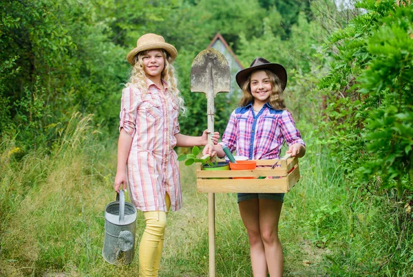 Trädgårdar bra plats odla meningsfull och rolig inlärning erfarenhet för barn. Barn flickor med verktyg för trädgårdsskötsel. Sommar på landet. Trädgårdsskötsel. Trädgårdsundervisning livscykelprocess — Stockfoto