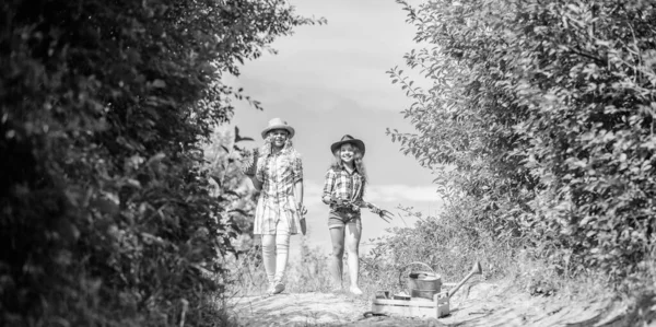 Λουλούδια παρουσίαση. Γεωργία και τη γεωργία. πηγή της χώρας. παιδιά κρατούν εργαλεία κηπουρικής. μικρά κορίτσια αγρότης στο χωριό. Οικολογία και την προστασία του περιβάλλοντος. ημέρα της γης. καλοκαιρινή οικογενειακή φάρμα — Φωτογραφία Αρχείου