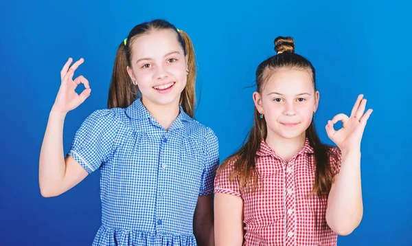 Sisterhood concept. Gelukkige kinderen spelen samen. Het hebben van zuster is altijd leuk. Schattige zusters lachende gezichten. Beste vrienden voor altijd. Gelukkige kindertijd. Meisjes zusters plezier samen. Familie liefde — Stockfoto