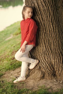 Sakin ve huzurlu. Yaşam dengesi. Huzurlu bir ruh hali. Sadece iyi titreşimler. Kız küçük sevimli çocuk ağaç gövdesinde huzur ve huzur tadını çıkarın. Gücün yeri. Huzurlu bir yer. Huzuru bulun ve doğada rahatlayın