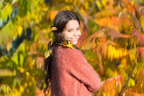 もっと遊びなさい。小さな子供の秋の風景に笑みを浮かべて幸せ。女の子は秋の葉を髪につけている。幸せな秋の休日を楽しむ — ストック写真