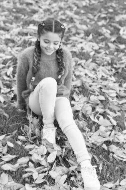 Sonbahar yaprakları ve doğa. Mutlu çocukluk. Okul zamanı. Sonbahar ormandaki mutlu küçük kız. Kalmak için mükemmel bir yer. Sonbahar yaprakları ile küçük çocuk. Duygu kuru ve korumalı. Yeni maceralar için hazır