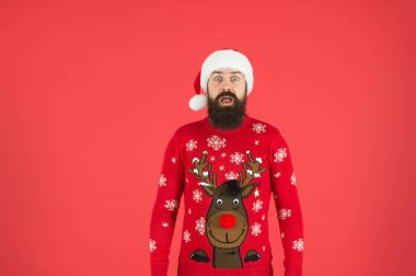 Son hazırlıklar. Kırmızı Noel Baba şapkalı hippi. Mutlu kış tatilleri. Yeni yıl partisi. Noel geldi çattı. Sakallı adam kırmızı arka plan. Süveterinde ren geyiği olan şaşırmış bir adam. Geleneksel Xmas görünümü