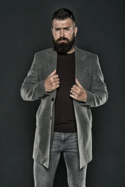 Hipster wearing casual clothes. Hipster with beard hair and stylish haircut. Bearded man trendy hipster style. Warm jacket. Daily outfit. Fall fashion. Maintaining masculine look. Brutal hipster man — Stock Photo, Image