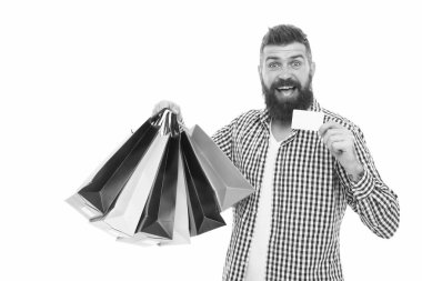 Consumer protection laws ensure rights. Fair trade competition and accurate information in marketplace. Safe shopping. Consumer protection concept. Man happy consumer hold shopping bags and bank card clipart