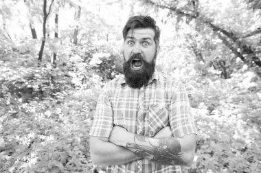 Yaz tatili konsepti. Çevreile birleşmiş. Adam sakallı hipster yeşil ağaçlar arka plan. Duygusal doğa aşığı. Adam yaz doğada dinlenmek. Yaz ormanında erkek yakışıklı sakal ve bıyık