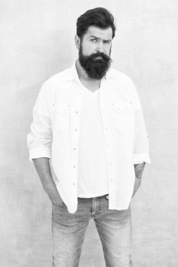 Erkeklik kavramı. Hipster uzun sakal ve bıyık. Basit ve sıradan. Gündelik tarzı günlük yaşam. Yaz sezonu moda trendi. Erkek öfke vahşeti. Acımasız maço rahat kıyafet gri arka plan