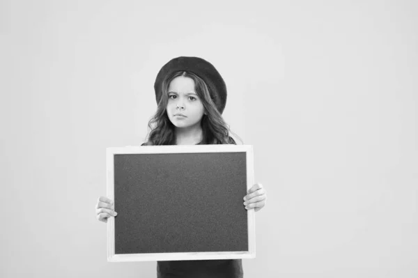 Back to school concept. Happy hours. Good news. School information. Informing you. Child promo information board. Place for information. Girl hold blank blackboard chalkboard. Advertising copy space — Stock Photo, Image